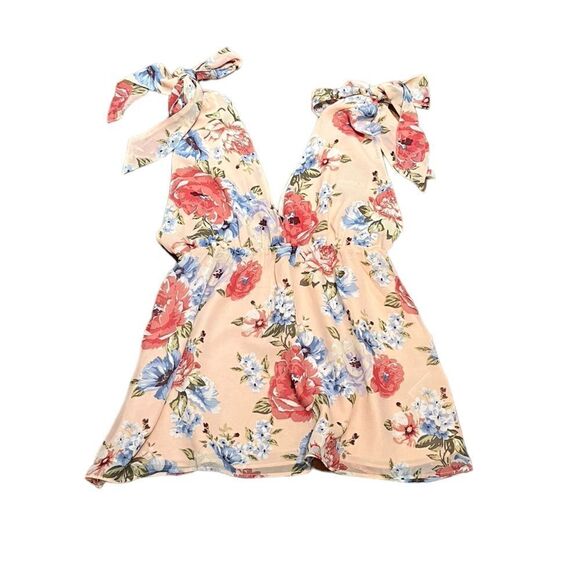 Forever 21 Women’s Peach Mulitcolor Floral V-Neck Tie Shoulder Top, Size 2, NWT - Picture 5 of 10